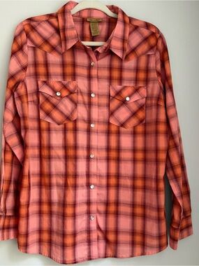 Wrangler Men's Coral and Orange Plaid Western Button-Down Shirt